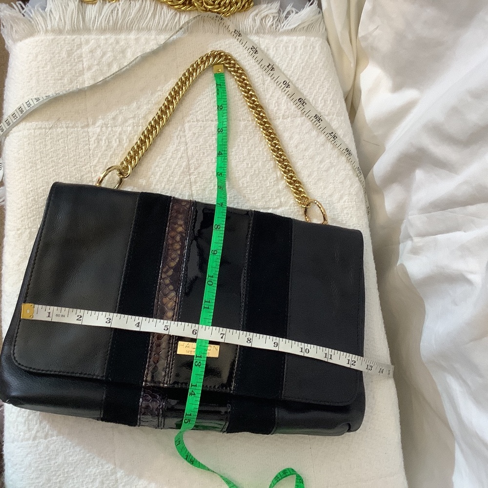 EUC Halston Heritage Black Leather suede shoulder  crossbody gold chain - Picture 12 of 17